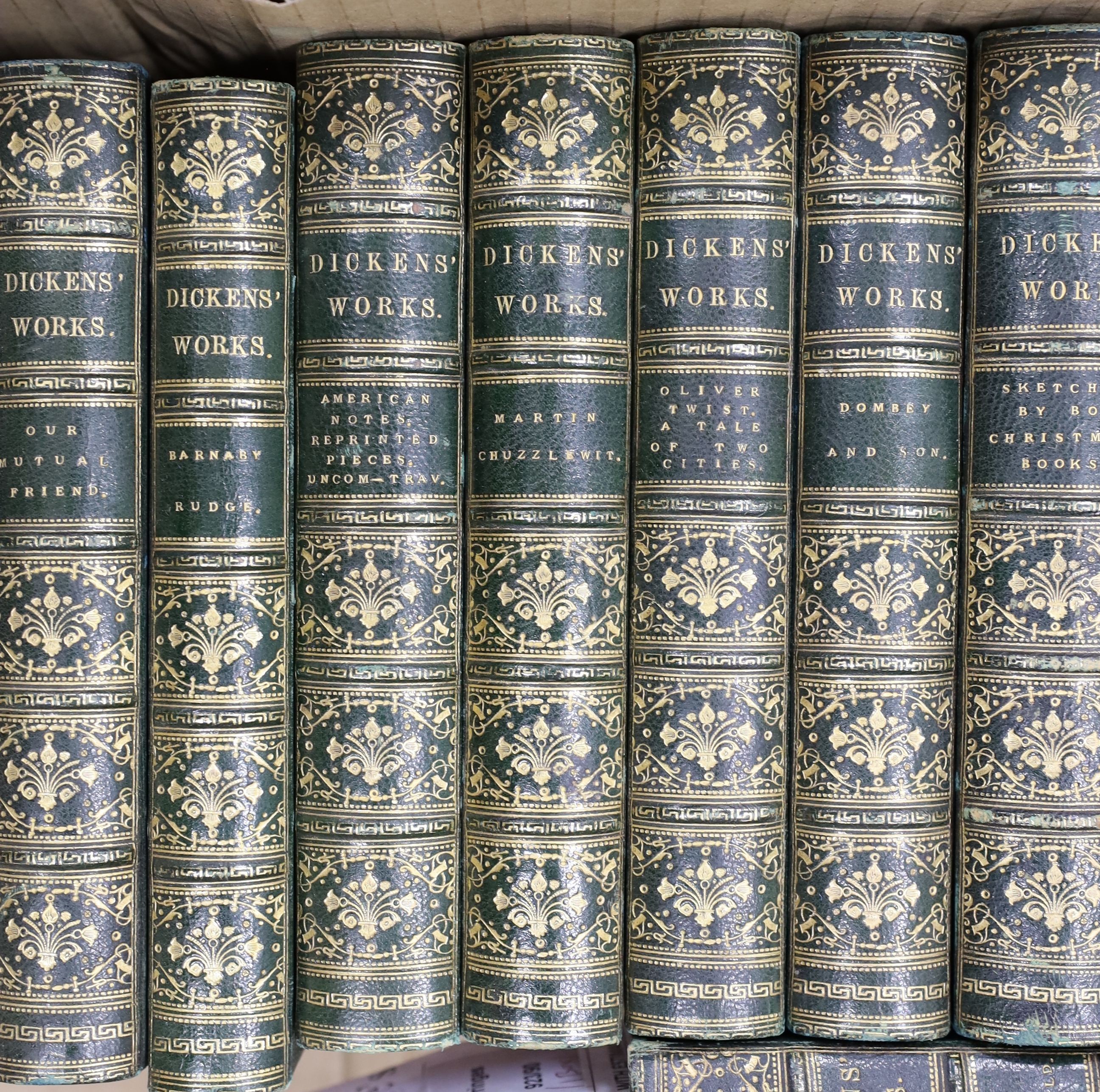 Dickens, Charles - The Charles Dickens Edition, 15 vols (only, ex.21), num. engraved plates; contemp. green half morocco and marbled boards, gilt-decorated and panelled spines, marbled edges and e/ps., cr.8vo (1867-)